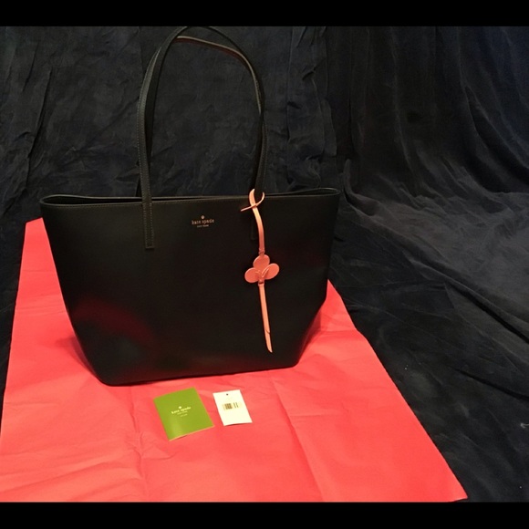 Kate Spade blue tote w/ pink flower, leather, EUC - Picture 1 of 8